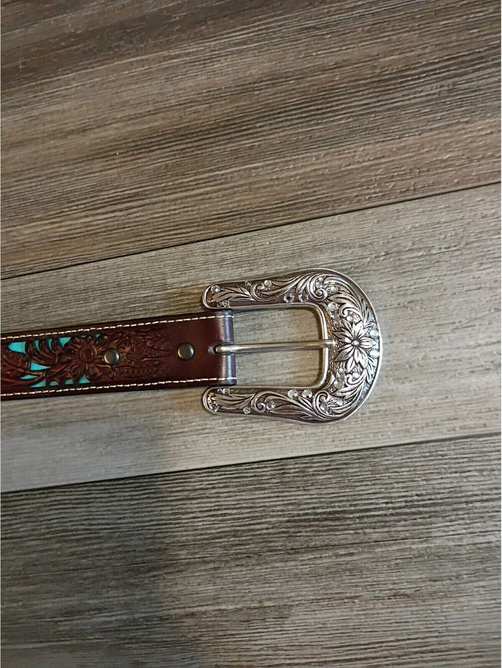 Ariat® Childrens Brown & Turquoise With Floral Overlay Belt A1304027 No Loop